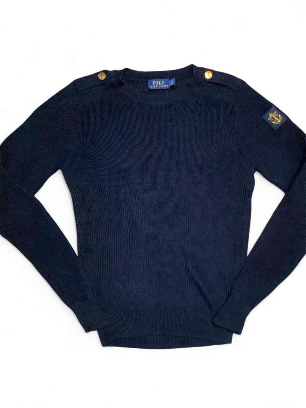 Polo by Ralph Lauren Navy Crewneck Sweater with Gold Shoulder Buttons - Size XS